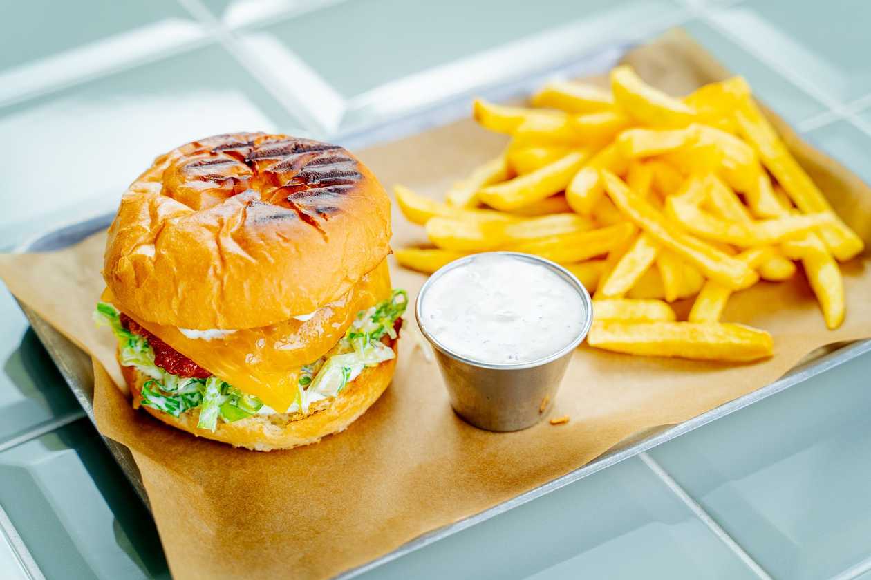 Beef burger with caramelized onion & fries