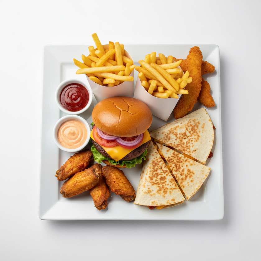 1x Cheese Burger, 1x Chicken Quesadilla, 2x French fries 4 pcs strips, 4 pcs wings, 2x sauce