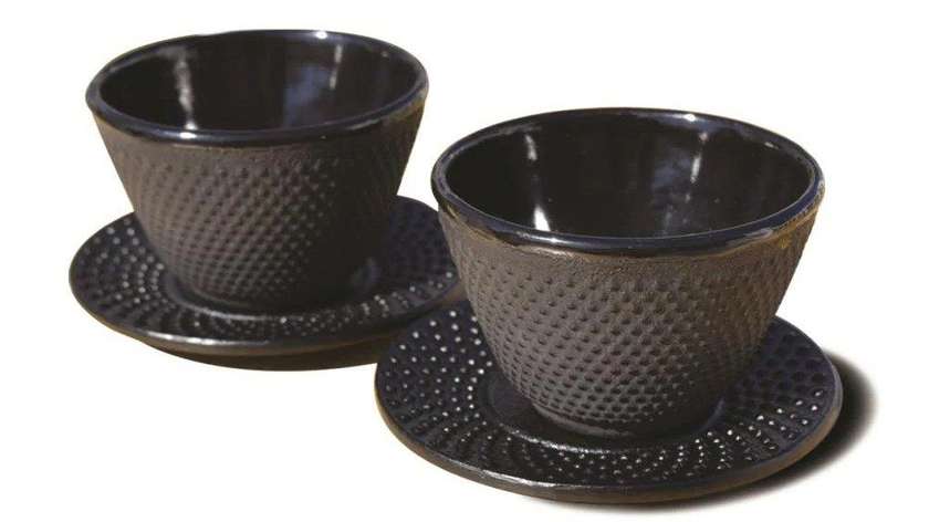 Set Of Two Japanese Style Cast Iron Tea Cup And Saucer Black