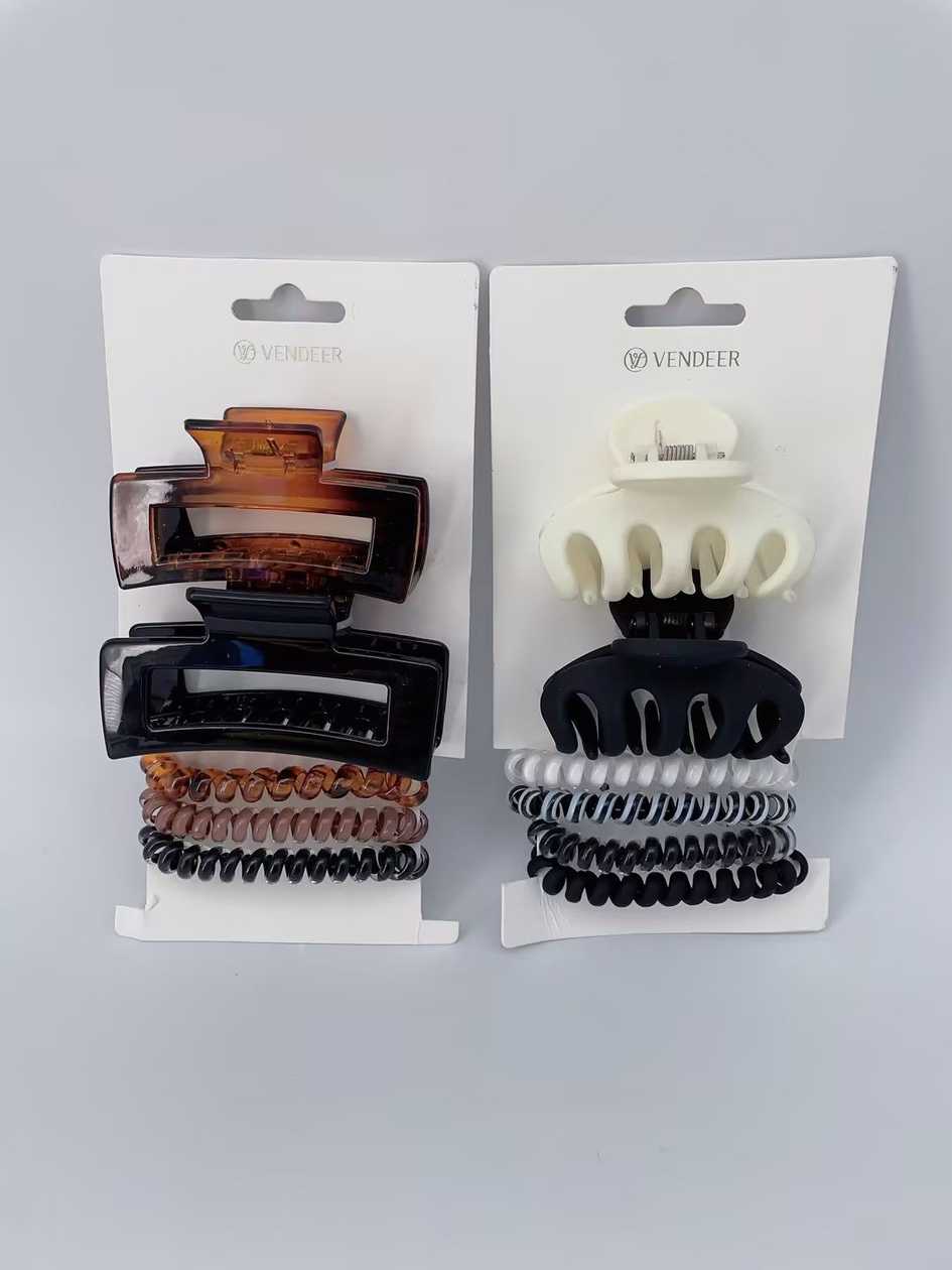 Spiral Hair Ties & Square Hair Claw Clips Set (5 pcs)