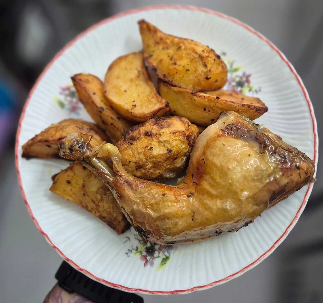 Baked Chicken Leg with Roasted Potatoes and Salad