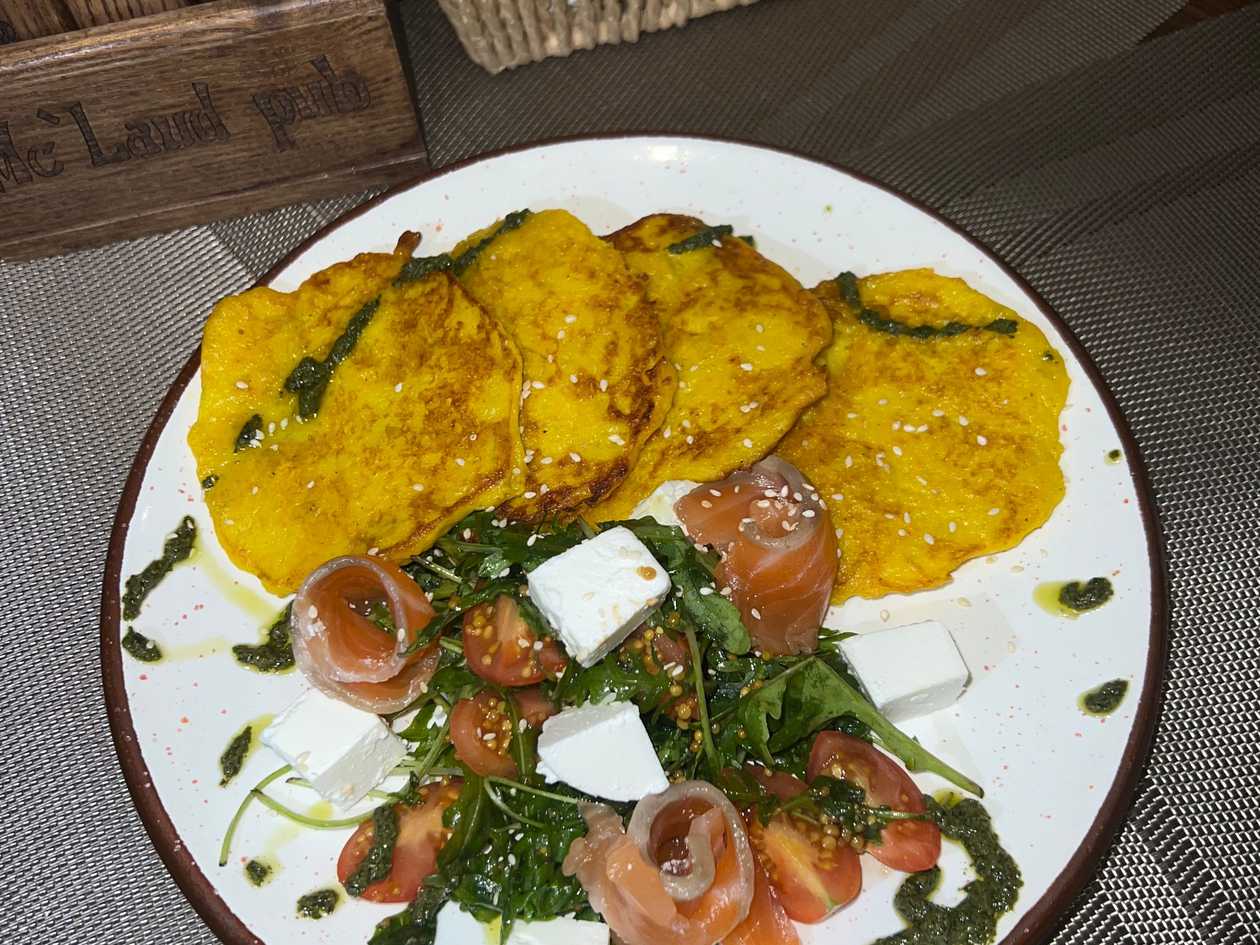 Pumpkin Pancakes with Feta and Salmon