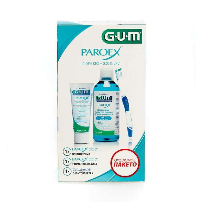 Набор Gum Paroex 0.06%: 1 зубная паста, 1 жидкость для полоскания рта и 1 зубная щетка