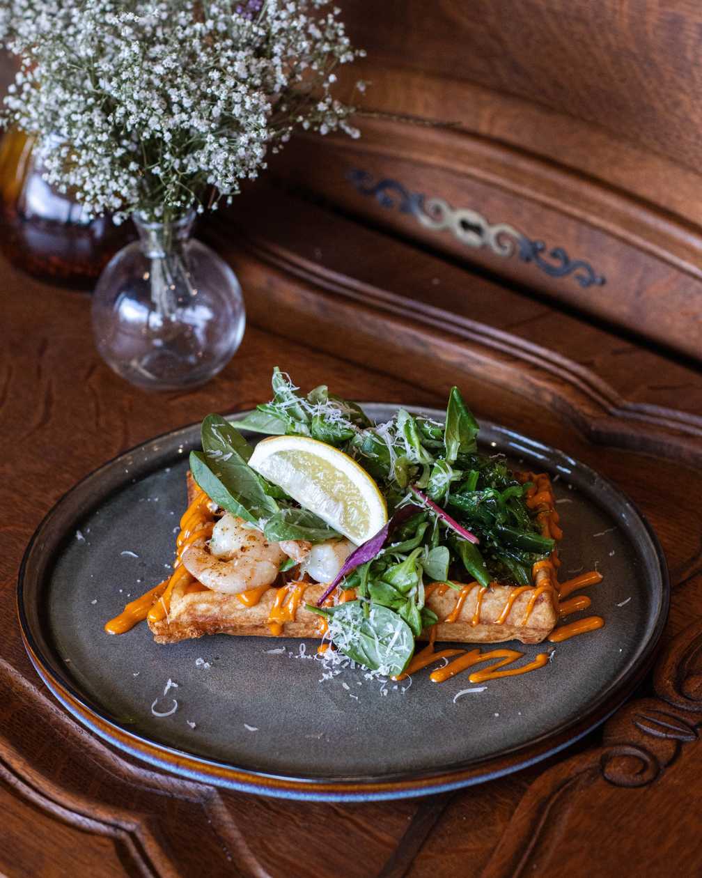 Cheese waffle with tiger prawns