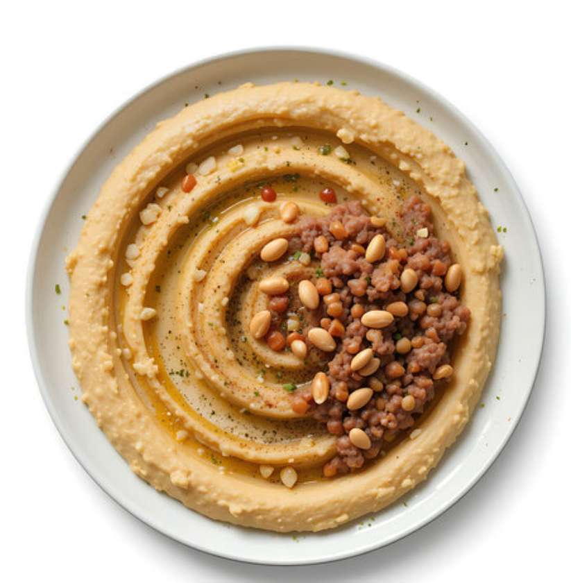 Hummus with Meat and Pine Nuts