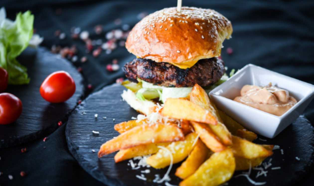 Beef Burger with Chips and Salad