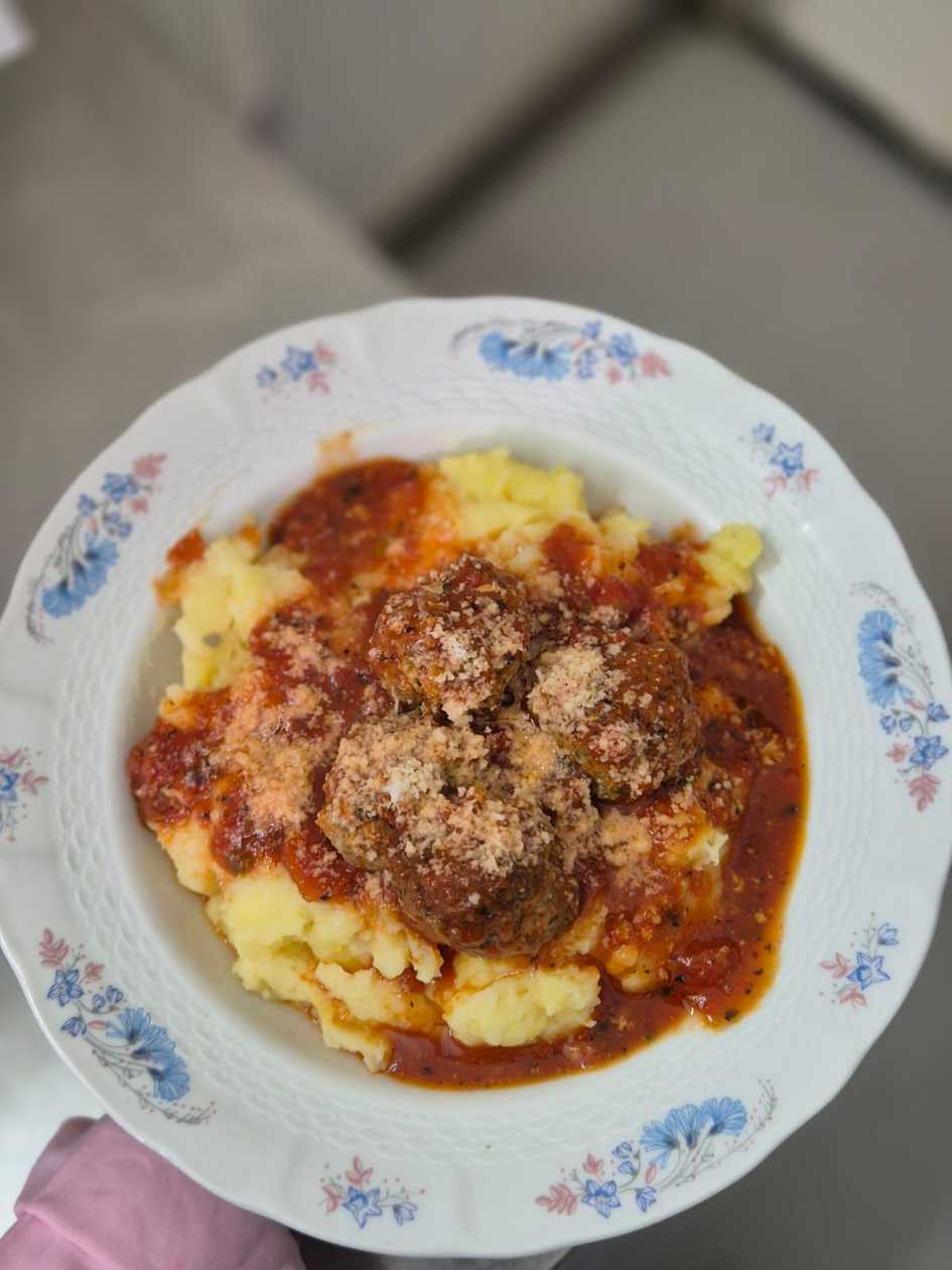 Beef and Pork Meatballs with Tomato Sauce and Mashed Potatoes