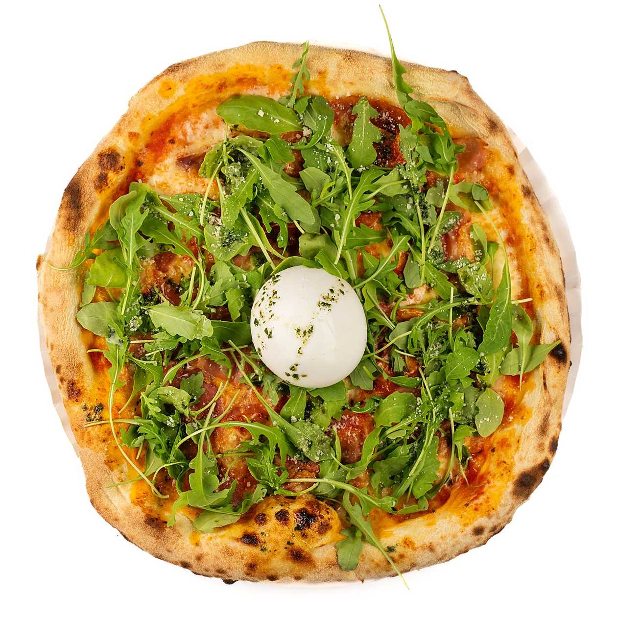 Pica su burrata ir vytintu kumpiu.