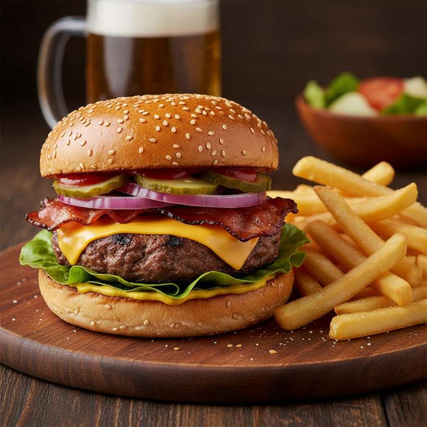 Burger Royal (lettuce, beef, bacon, cheese, egg, pickle, American mayonnaise) fries