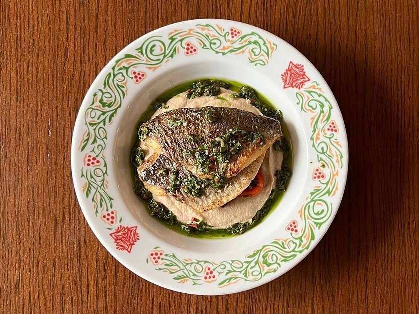 Dorado with Cauliflower Purée, Ripe Cherry Tomatoes and Chimichurri Sauce