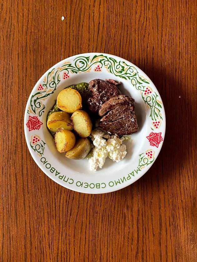 Veal Medallions with New Potatoes, Green Adjika, and Adyghe Cheese
