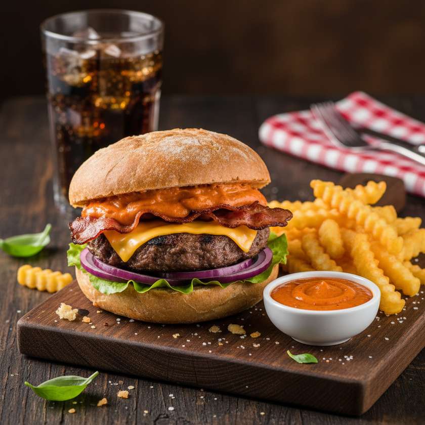 Red Love Burger (lettuce, beef, bacon, cheese, jalapenos, mayonnaise with caramelized onions) fries