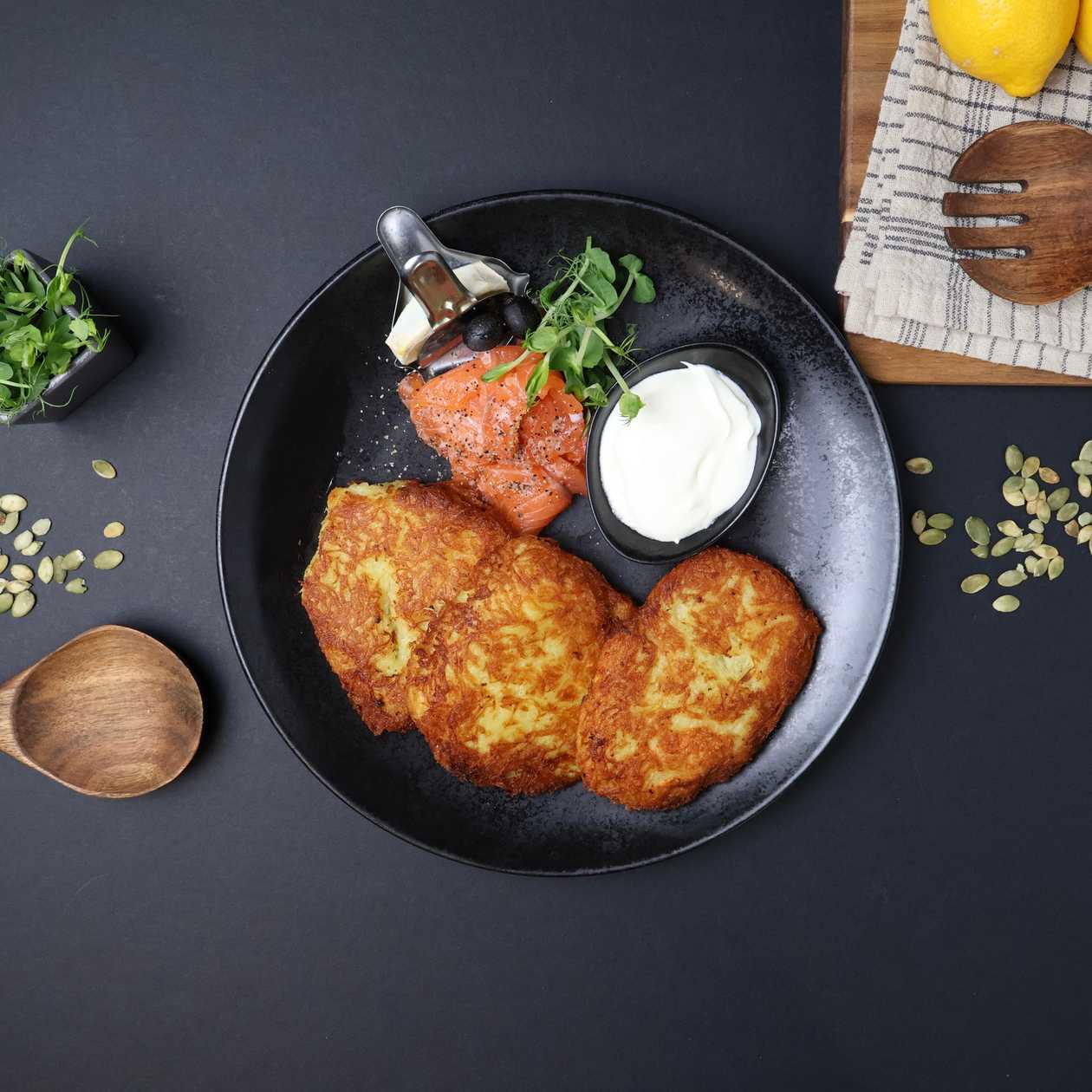 Potato pancakes with salmon