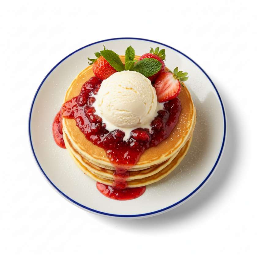 Pancakes with Strawberry Jam and Ice Cream