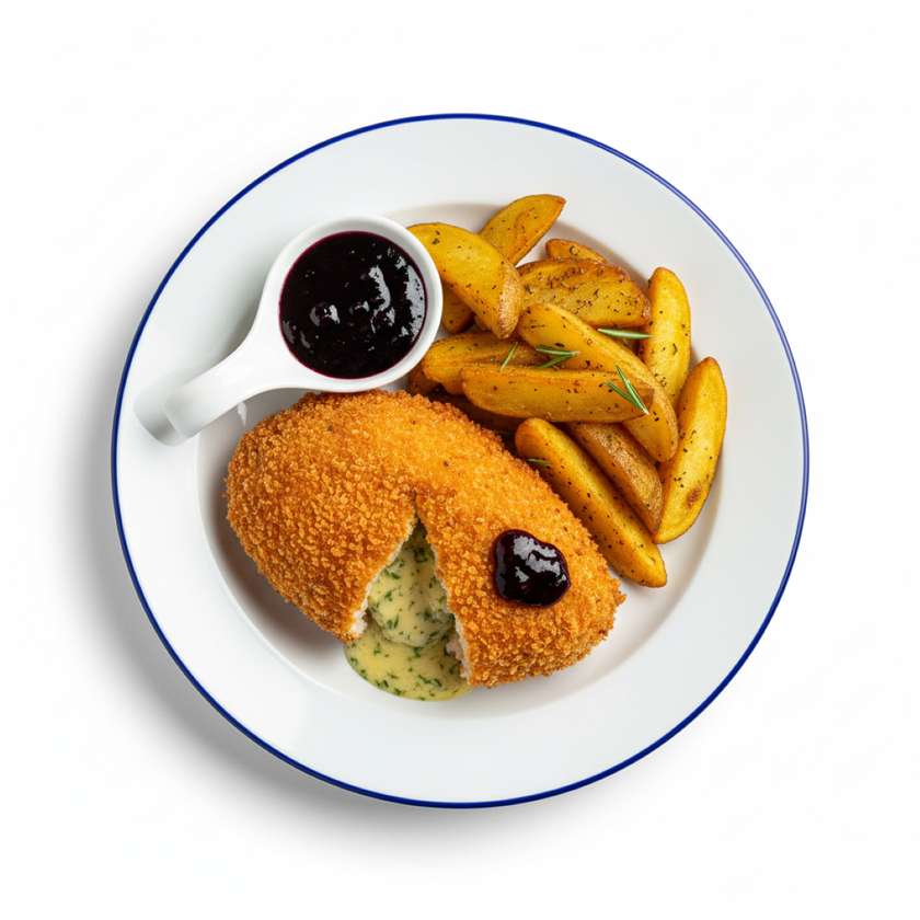 Tommi‘s Chicken Kiev with Fried Potatoes and Blackcurrant Sauce