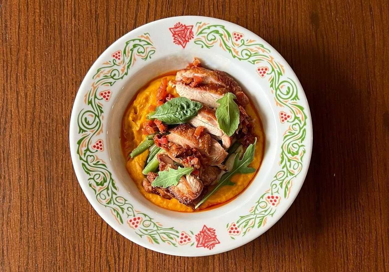 Chicken Thigh with Sweet Potato Cream and Blue Cheese Sauce