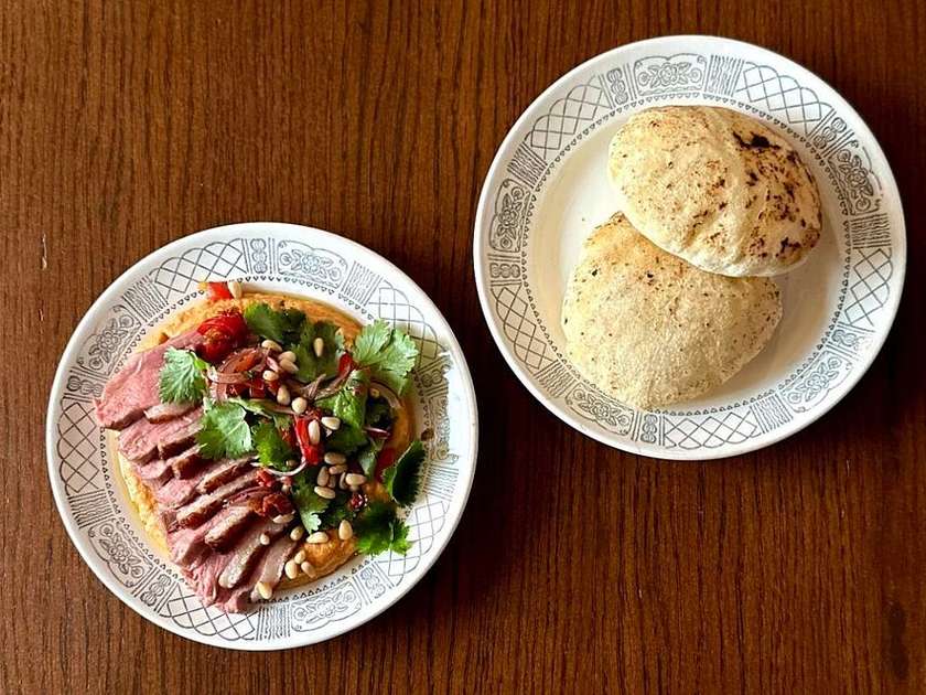 Sous Vide Duck with Pepper Hummus and Fresh Salad