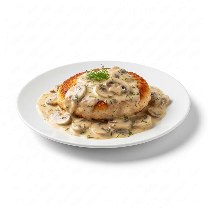 Ground chicken cutlet with champignons-cream sauce