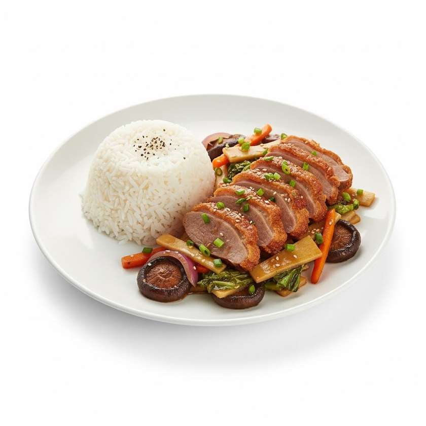 Kachna s houbami a bambusem, rýže