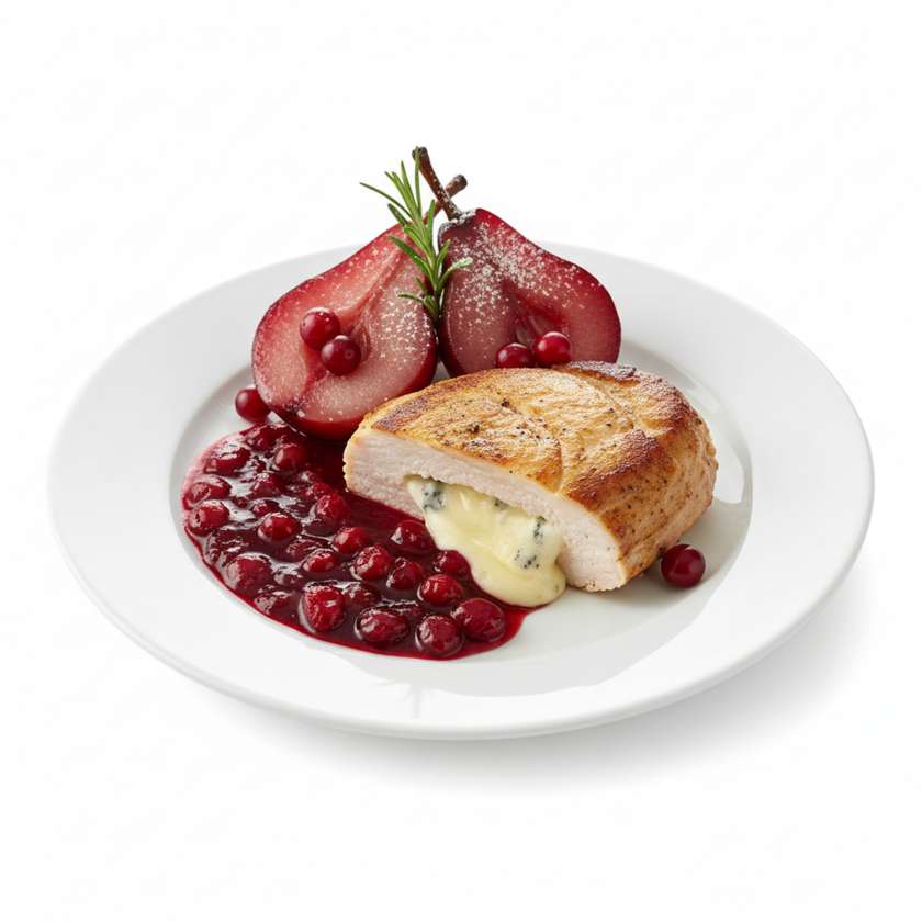 🆕Kalakutienos filė kepsnys su trijų sūrių įdaru, bruknių padažu ir vyne virtomis kriaušėmis