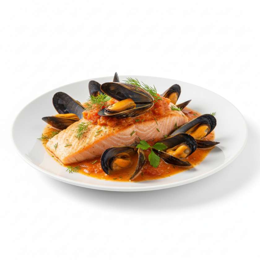 🆕Lašišos filė kepsnys su midijomis trintų pomidorų ir grietinėlės padaže