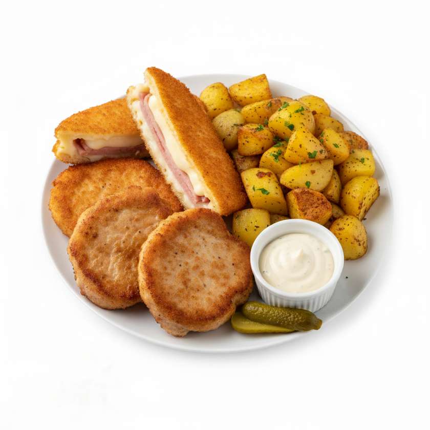 Pork tenderloin schnitzels, fried cheese with ham, roasted potatoes, tartar sauce, pickles, tartlet