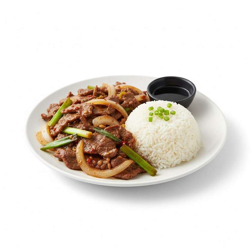 hovězí s cibulí s rýži