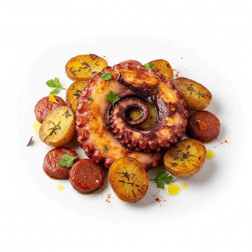 Ośmiornica z chorizo, konfitowane francuskie ziemniaki,
