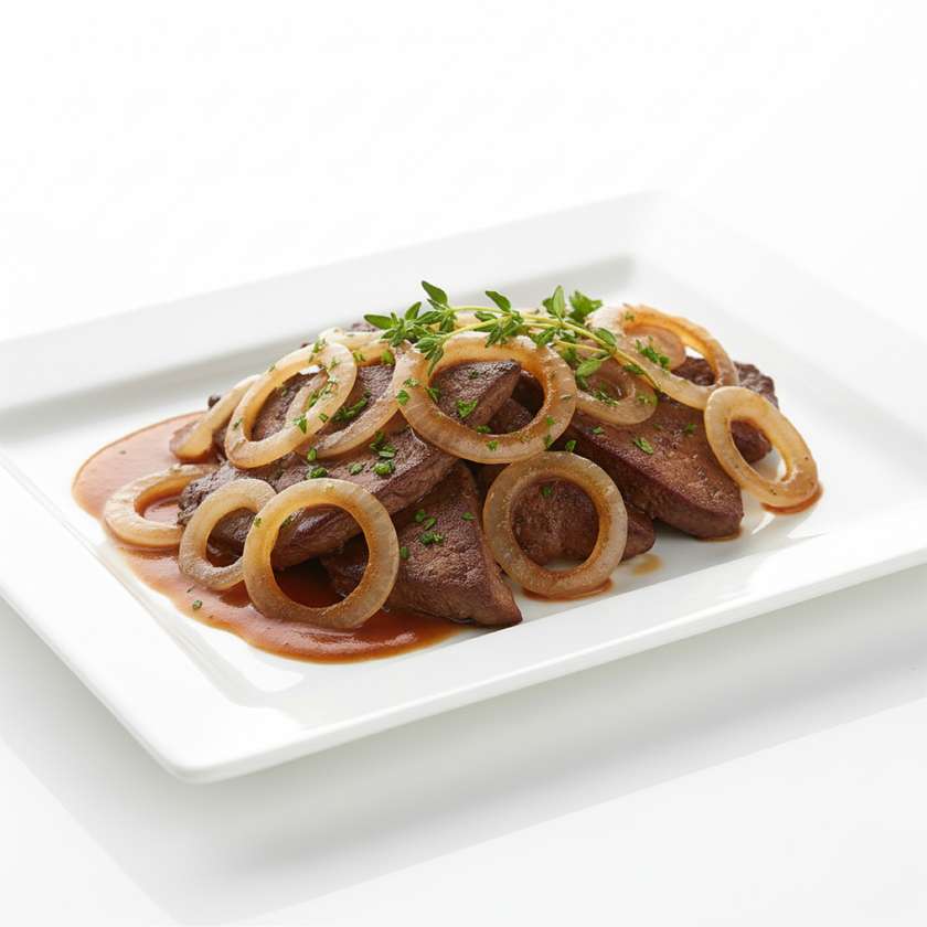 Говяжья печень с луком и соусом