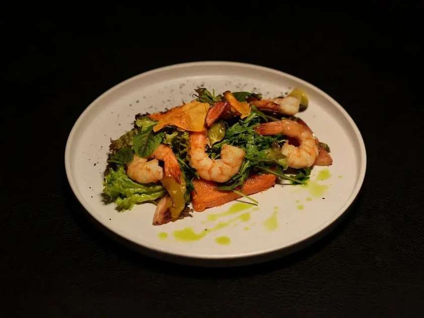 Warm Salad with Roasted Pumpkin, Pear, and Tiger Prawns