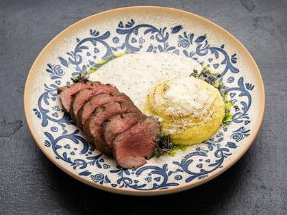 Filet mignon with charred mashed potatoes