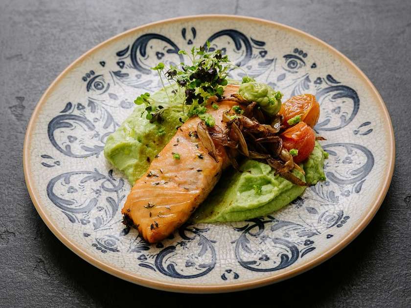 Salmon with broccoli and green pea puree