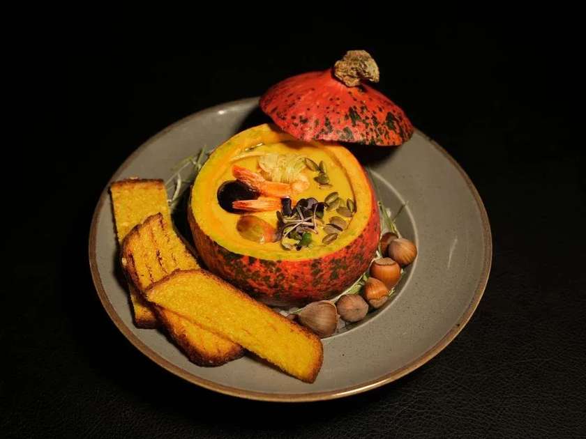 Coconut Milk Pumpkin Cream Soup with Kataifi Shrimp