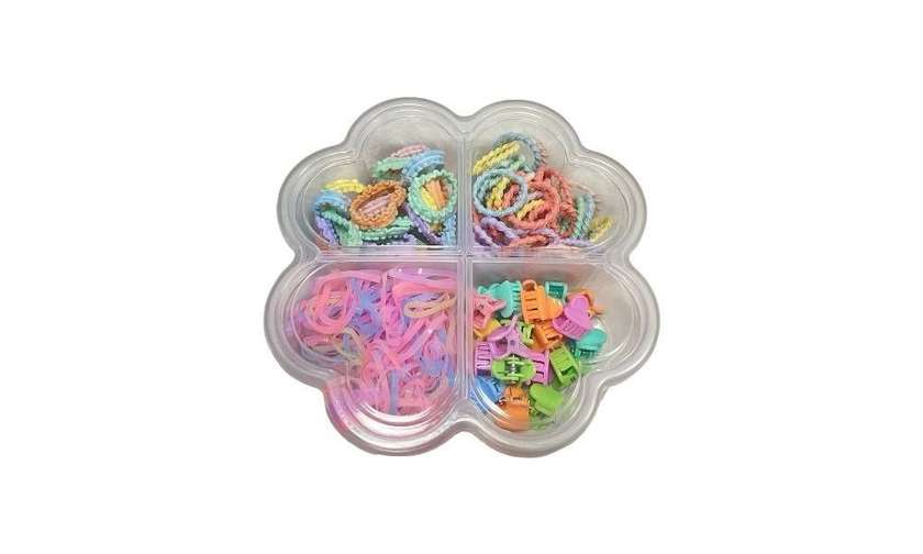Hair ties and clips (in pink and purple)