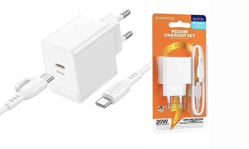 Borofone BAS13A PD20W Erudite Single Port Type-C To Type-c Charger Set, White