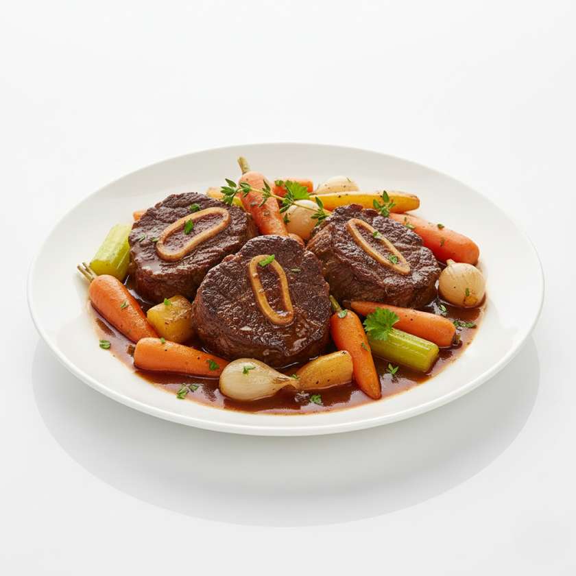 Говяжьи щеки с овощами в соусе