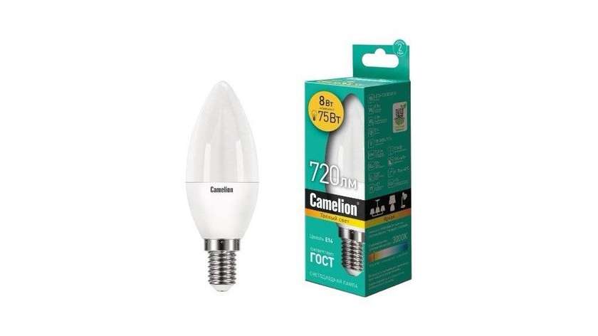 Camelion LED Lamp with LED Lighting, Economical E14 8W 3000K