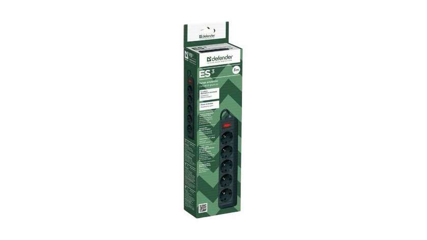 Defender ES3 3M Black Power Strip with 5 Switches