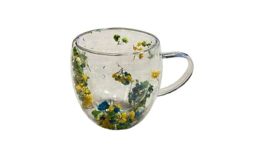Clear Glass with Yellow, Blue and Green Flower 1pc