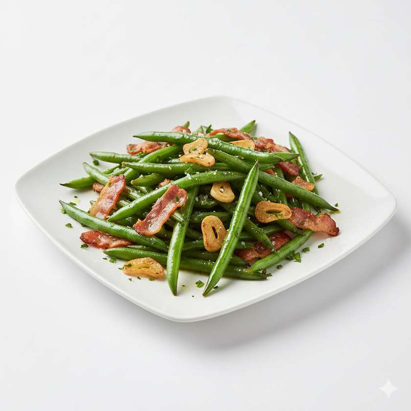 Sautéed green beans with bacon and garlic