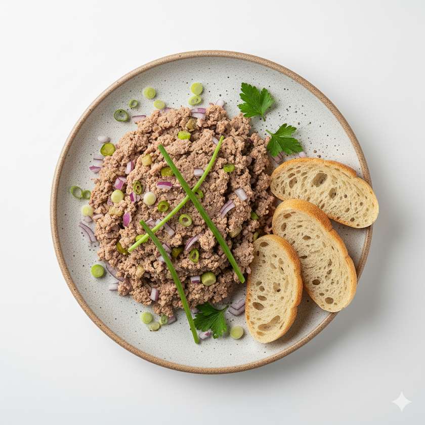 Coarsely ground spread made from roasted pork brisket with onion, pickles, and bread
