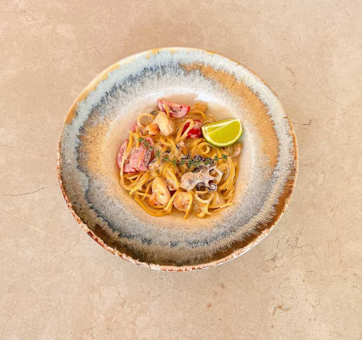 Seafood Pasta with Tomatoes in Cream Sauce