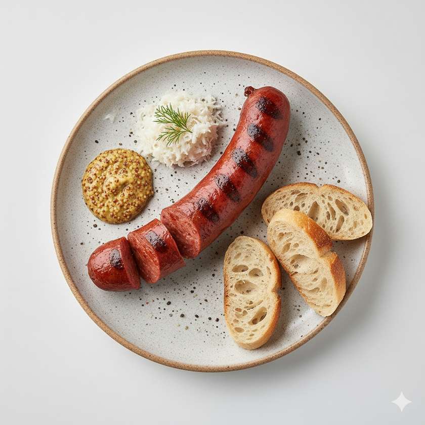 Grilled spicy sausage served with mustard, horseradish, and bread