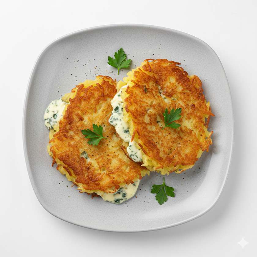 Potato pancakes stuffed with blue cheese