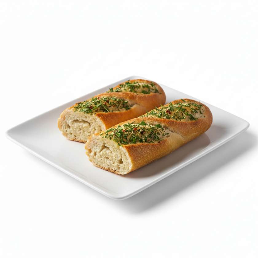 Baked baguette smeared with herbs