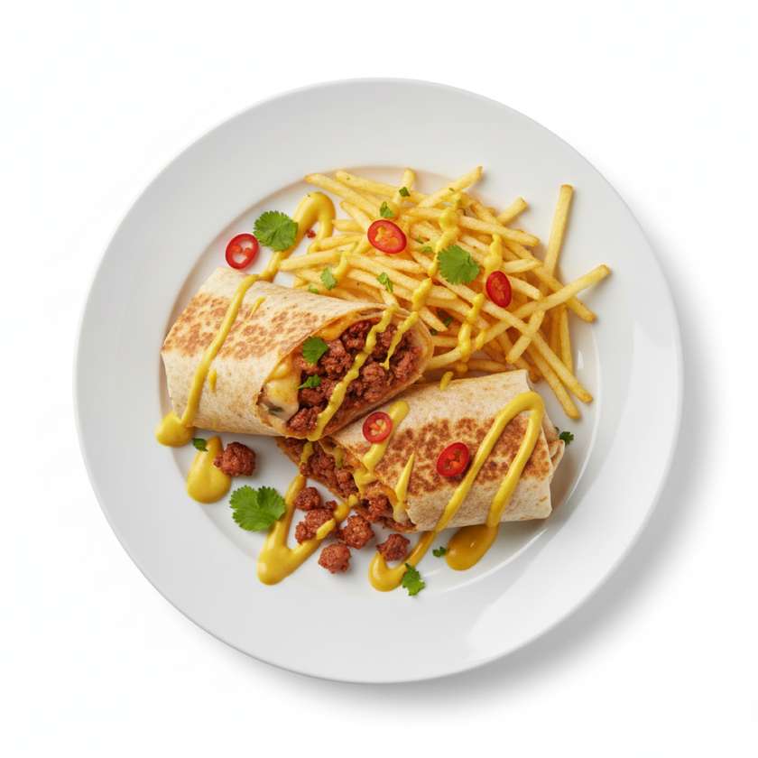 Wrapped Spicy Pork and Fries Topped with Mustard