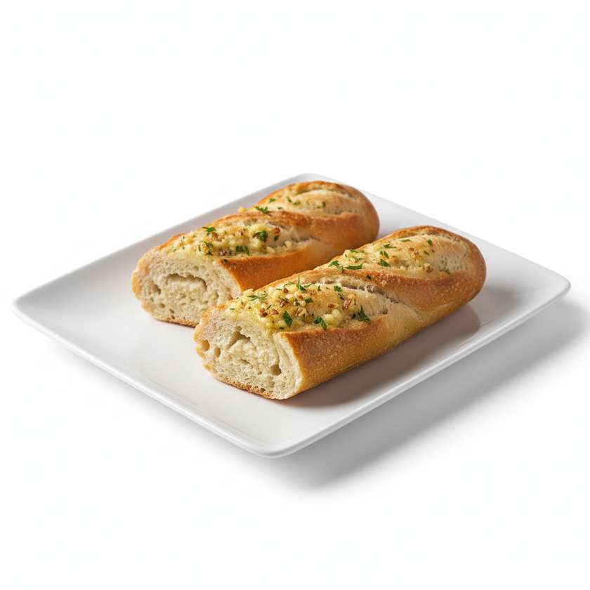 Baked baguette smeared with garlic