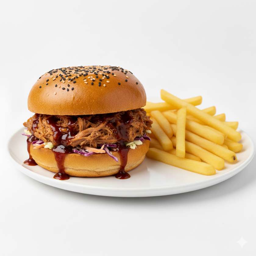 Pulled Pork Burger, Fries
