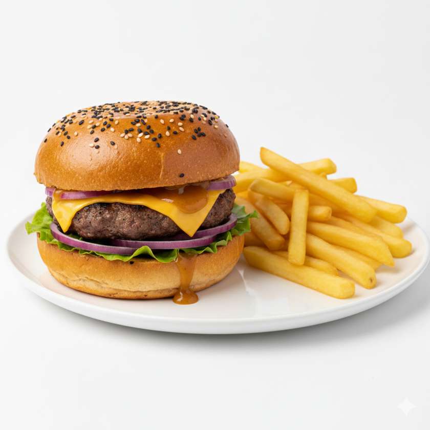 Beef Pepčos Burger (Curry-Honey Sauce), Fries