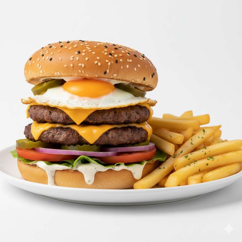 Beef Double Burger with Bull's Eye and Jalapenos, Fries